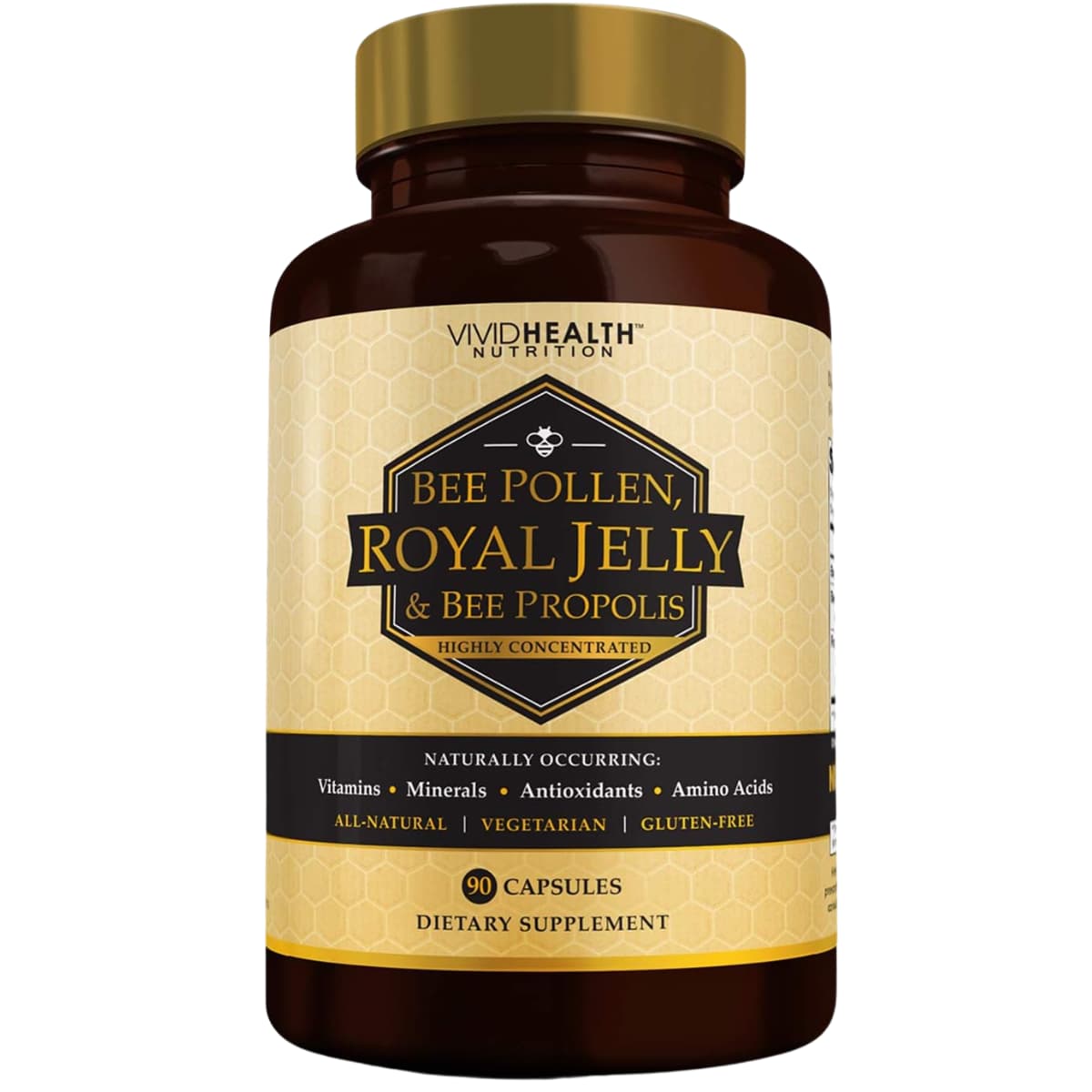 Frasco de suplemento Vivid Health Nutrition Jalea Real y Polen de Abeja 90 cápsulas