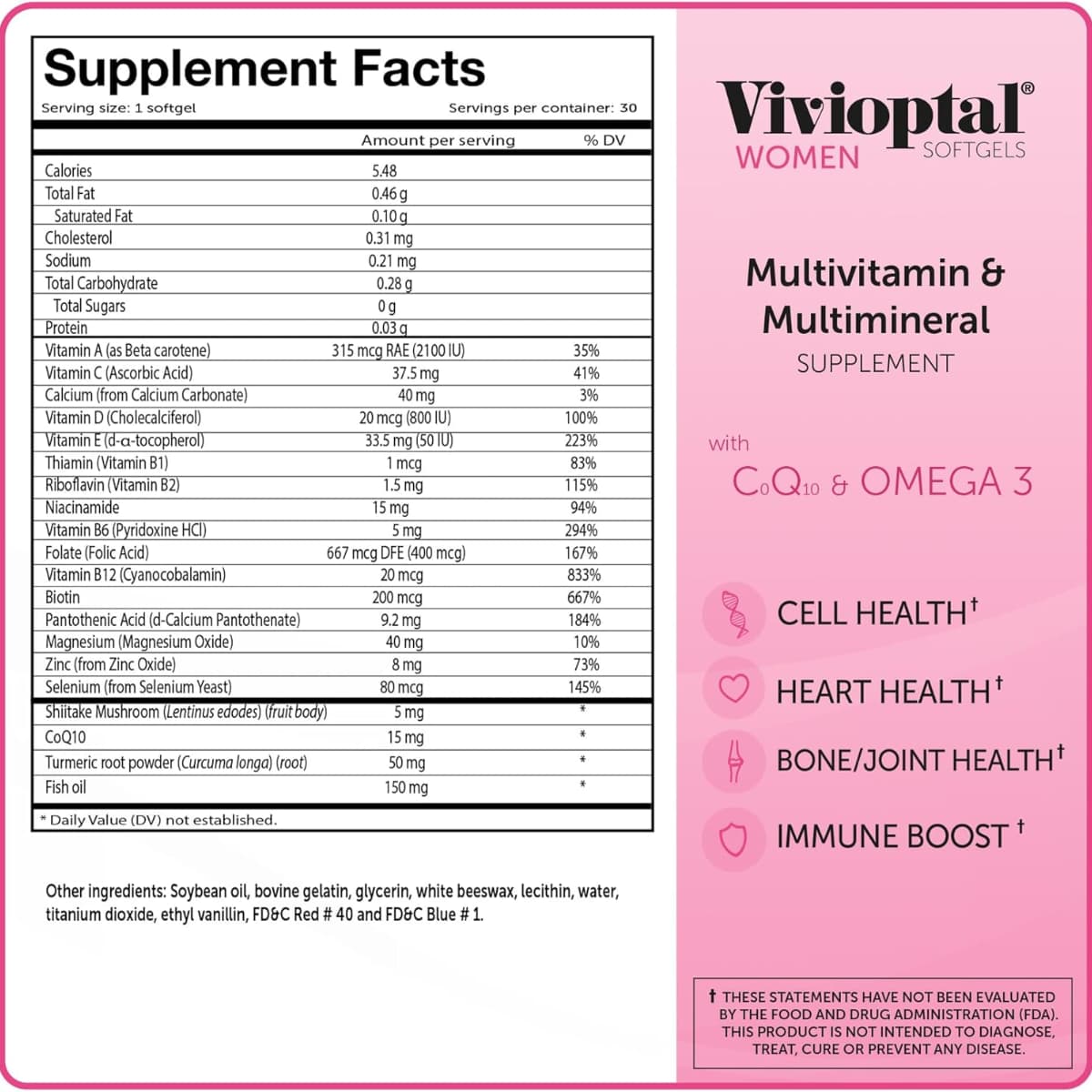 Tabla nutricional del suplemento Vivioptal Multivitamínico Mujeres 30 cápsulas blandas