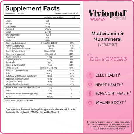 Tabla nutricional del suplemento Vivioptal Multivitamínico Mujeres 30 cápsulas blandas