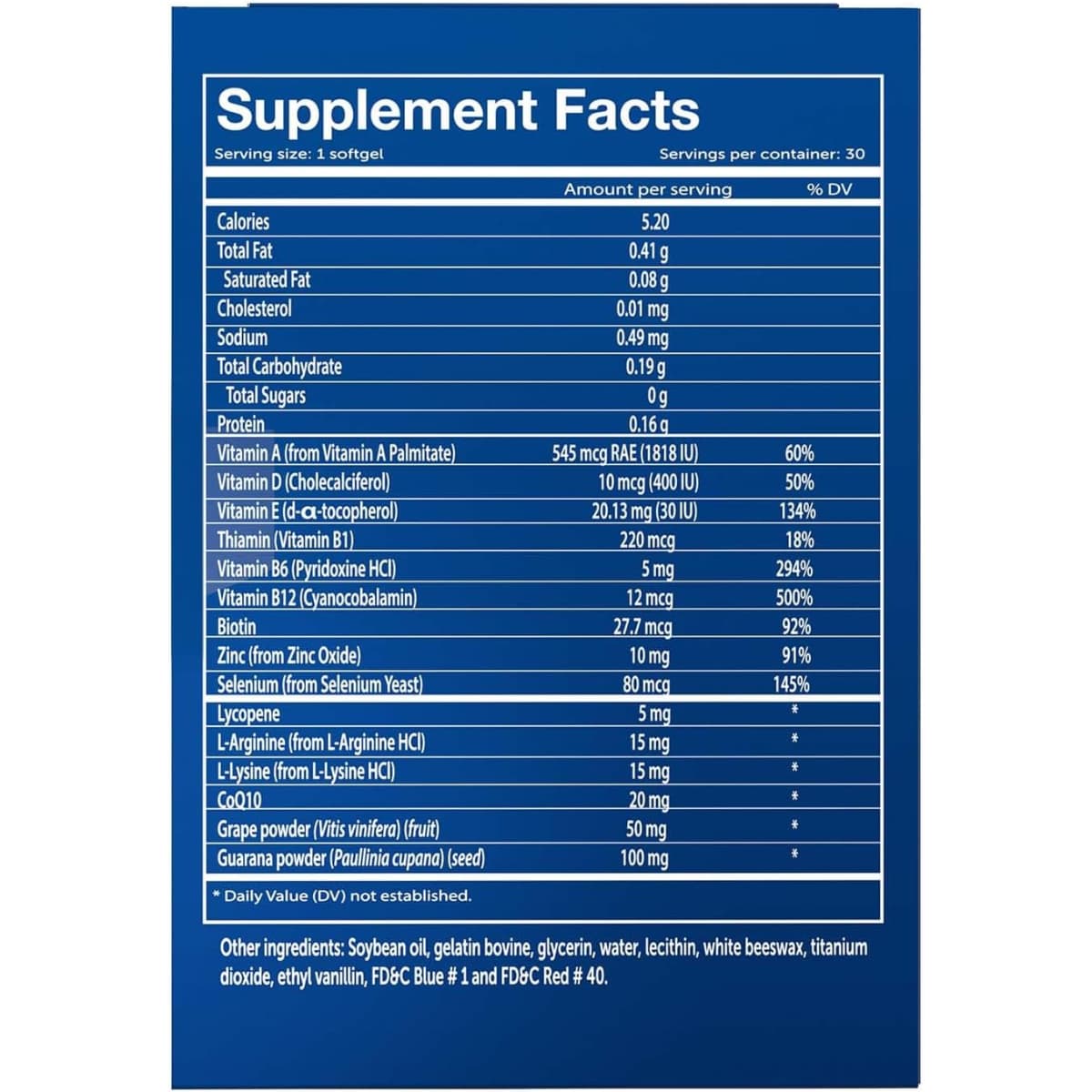 Tabla nutricional del suplemento Vivioptal Protect para Hombres 30 cápsulas blandas