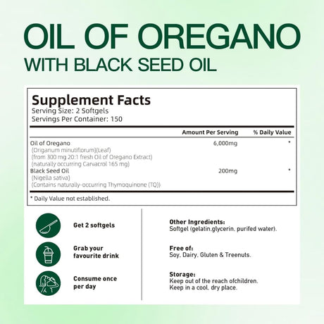 Tabla nutricional del suplemento Vivonu Aceite de Orégano con Aceite de Comino Negro 300 cápsulas blandas