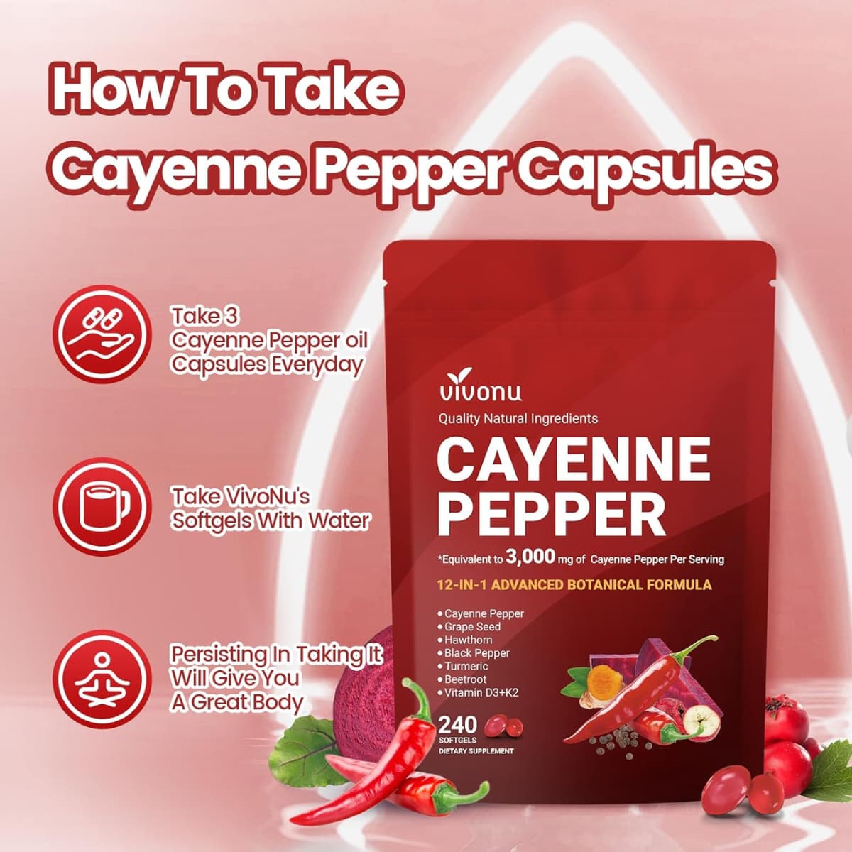 Etiqueta con información del suplemento Vivonu Pimienta de Cayena 3000 mg 240 Cápsulas Blandas