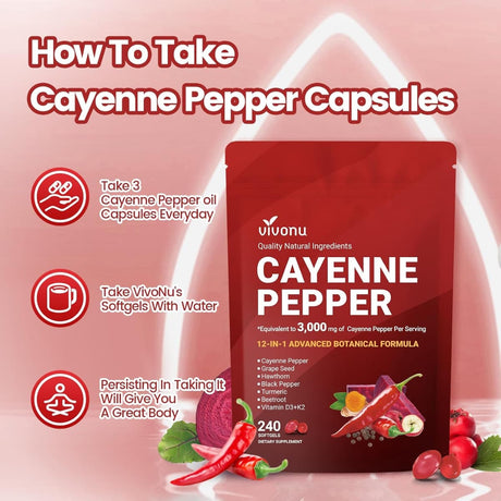 Etiqueta con información del suplemento Vivonu Pimienta de Cayena 3000 mg 240 Cápsulas Blandas