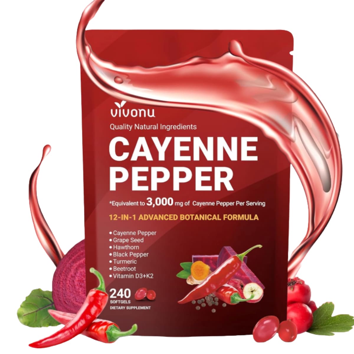 Bolsa de suplemento Vivonu Pimienta de Cayena 3000 mg 240 Cápsulas Blandas