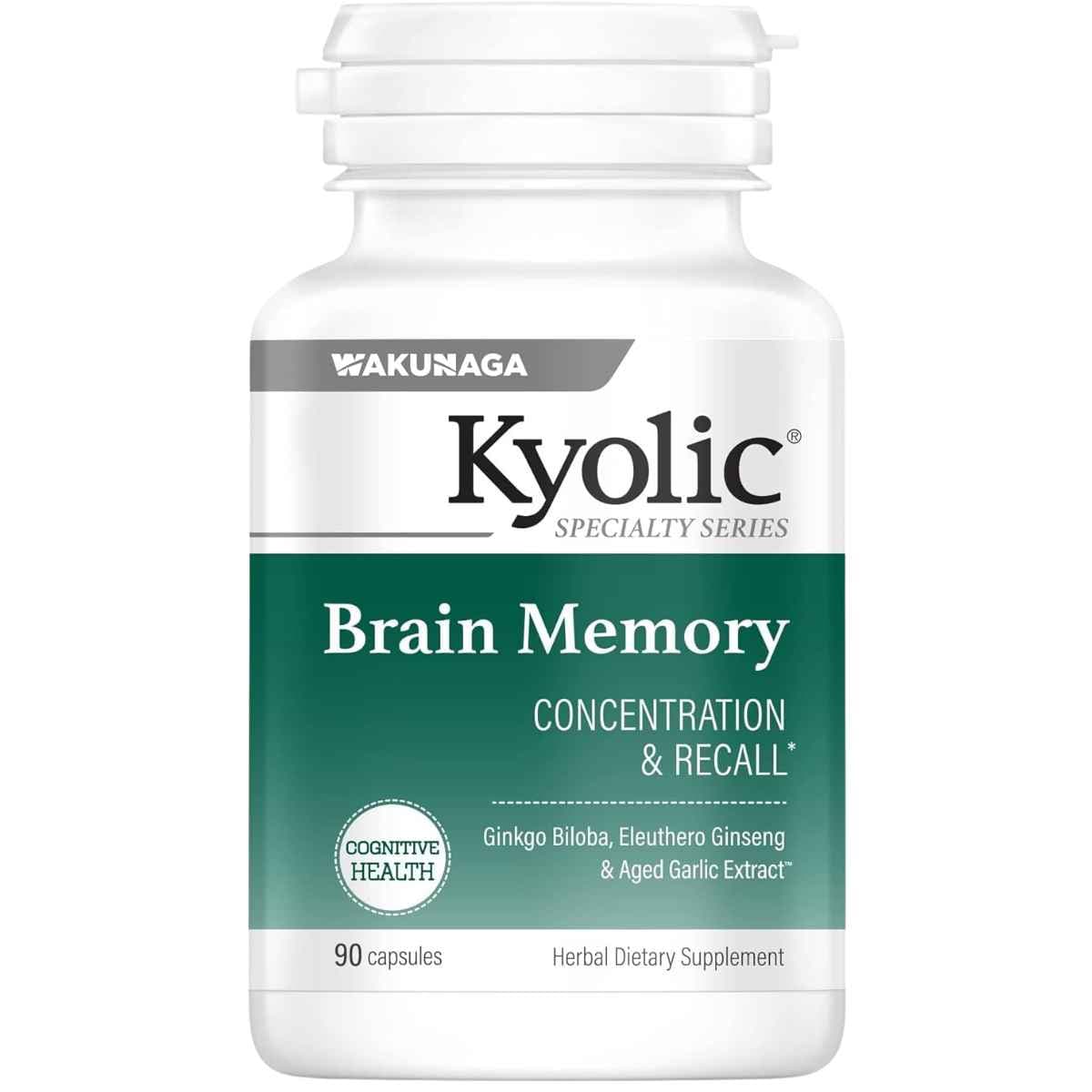 Frasco de suplemento Wakunaga Kyolic Memoria Cerebral 90 cápsulas