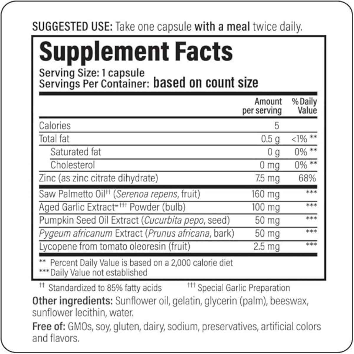 Tabla nutricional del suplemento Wakunaga Prosta-Logic 60 cápsulas