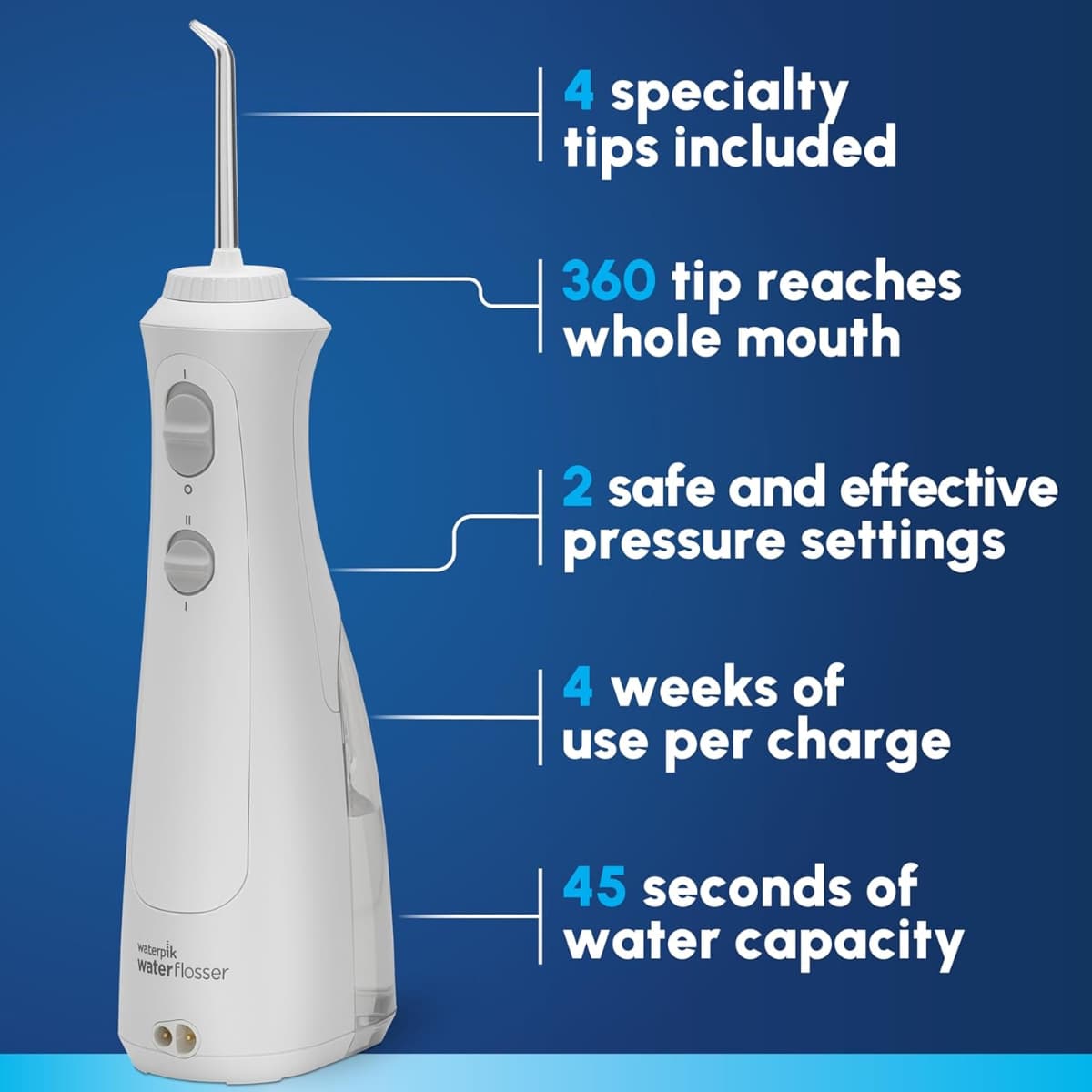 Lista de características del irrigador Waterpik Irrigador Bucal Inalámbrico Pearl WF-13 Portátil 4 Puntas