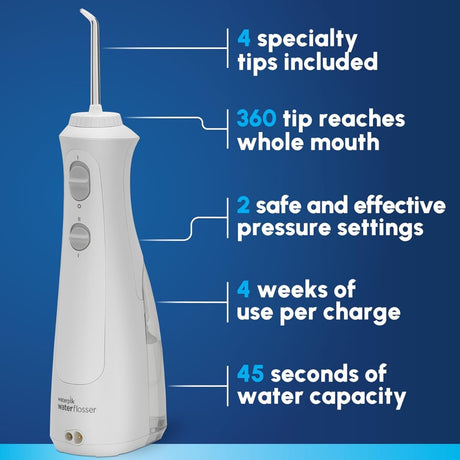 Lista de características del irrigador Waterpik Irrigador Bucal Inalámbrico Pearl WF-13 Portátil 4 Puntas