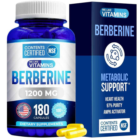 Frasco de suplemento We Like Vitamins Berberina HCL 1200 mg 180 cápsulas