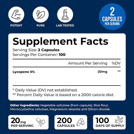 Tabla nutricional del suplemento We Like Vitamins Licopeno 20 mg 200 cápsulas