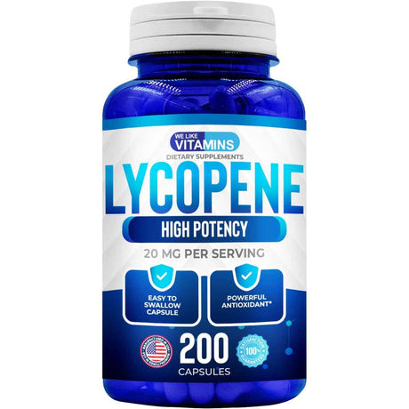 Frasco de suplemento We Like Vitamins Licopeno 20 mg 200 cápsulas