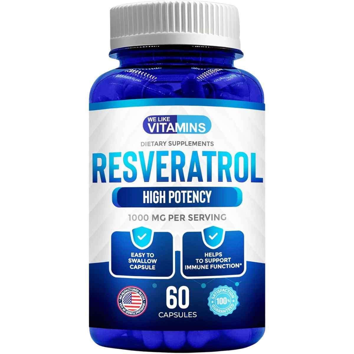 Frasco de suplemento We Like Vitamins Resveratrol 180 cápsulas