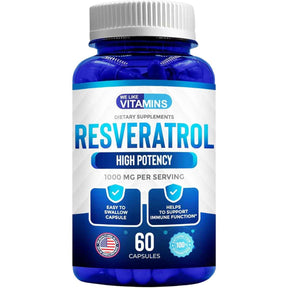 Frasco de suplemento We Like Vitamins Resveratrol 180 cápsulas