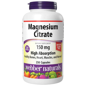 Frontal de Webber Naturals citrato de magnesio 150 mg 250 cápsulas