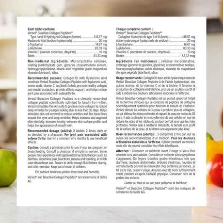 Tabla nutricional del suplemento Webber Naturals Colágeno con Ácido Hialurónico 180 tabletas
