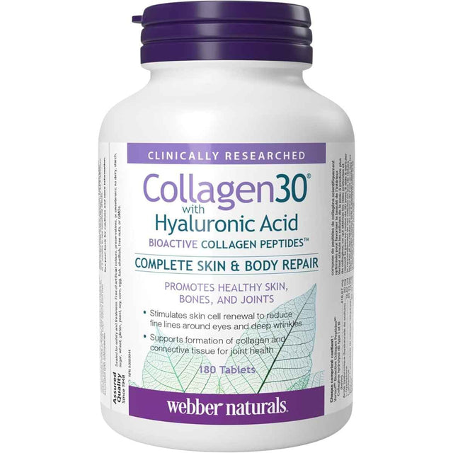 Frasco de suplemento Webber Naturals Colágeno con Ácido Hialurónico 180 tabletas