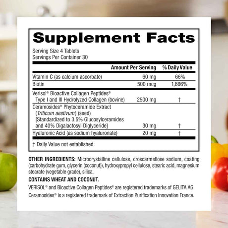 Tabla nutricional del suplemento Webber Naturals Colágeno con Ceramidas 120 tabletas