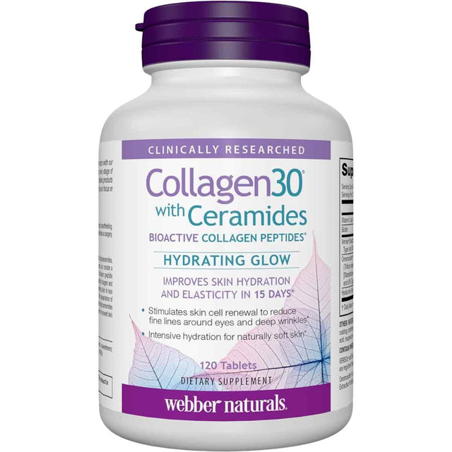 Frasco de suplemento Webber Naturals Colágeno con Ceramidas 120 tabletas