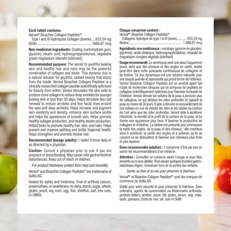 Tabla nutricional del suplemento Webber Naturals Colágeno y Biotina 120 tabletas