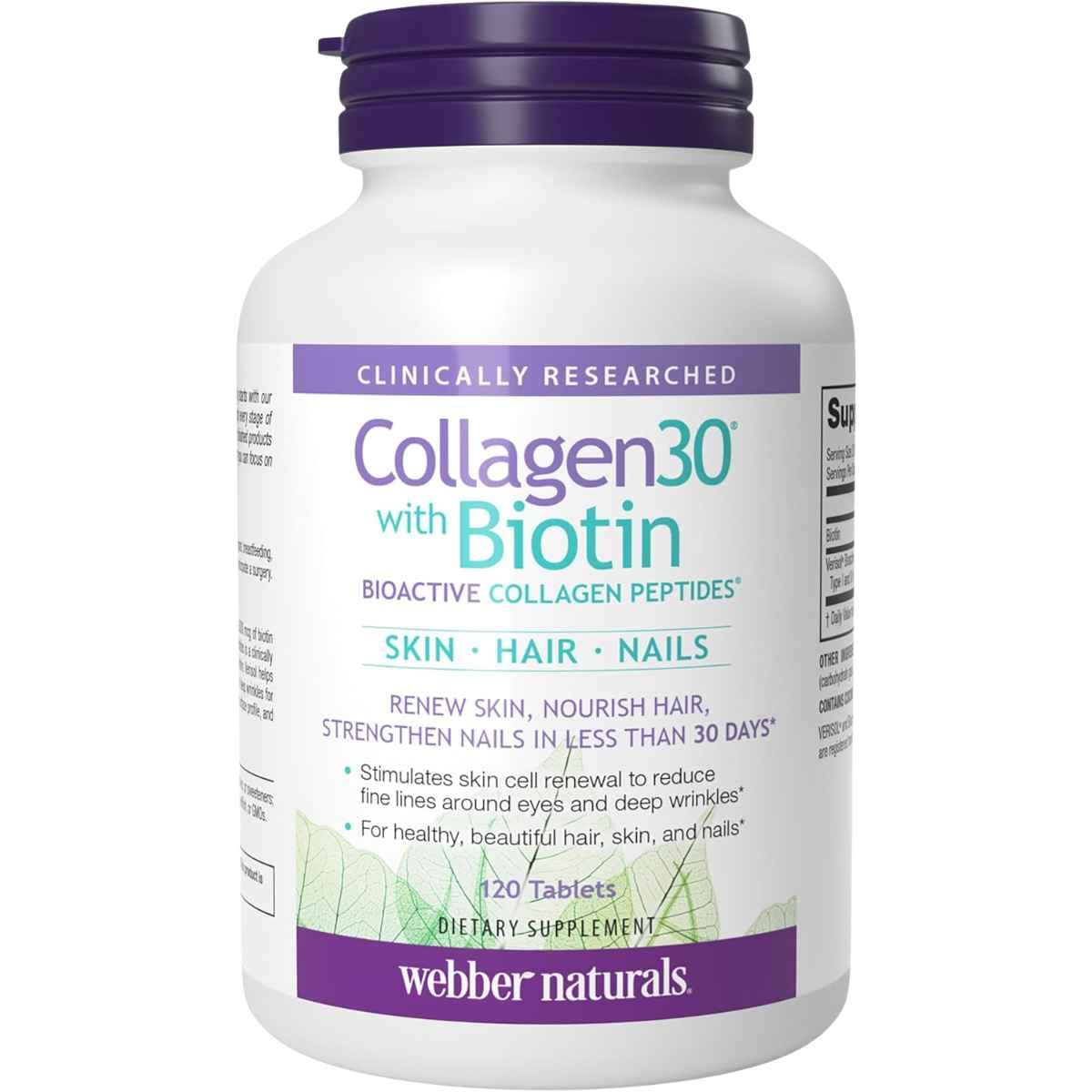 Frasco de suplemento Webber Naturals Colágeno y Biotina 120 tabletas