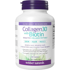 Frasco de suplemento Webber Naturals Colágeno y Biotina 120 tabletas