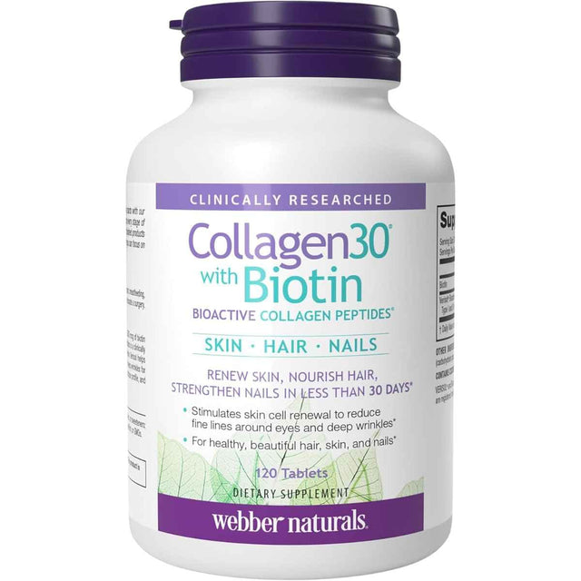 Frasco de suplemento Webber Naturals Colágeno y Biotina 120 tabletas