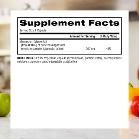 Tabla nutricional del suplemento Webber Naturals Glicinato de Magnesio 120 cápsulas