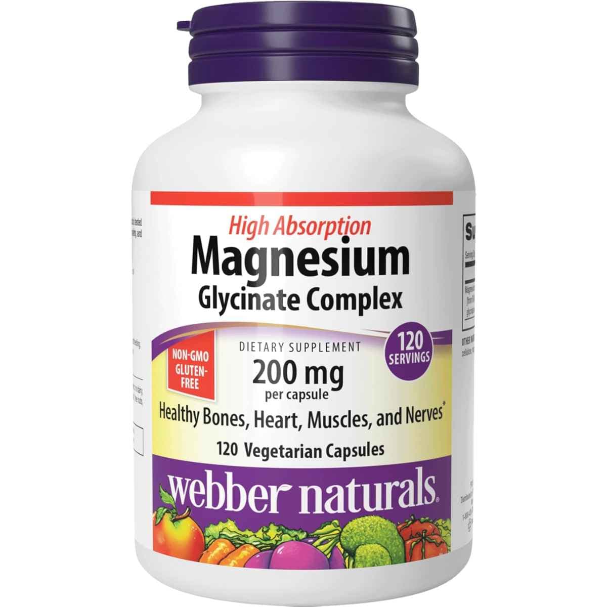 Frasco de suplemento Webber Naturals Glicinato de Magnesio 120 cápsulas