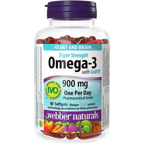 Frasco de suplemento Webber Naturals Omega-3 con CoQ10 80 cápsulas blandas