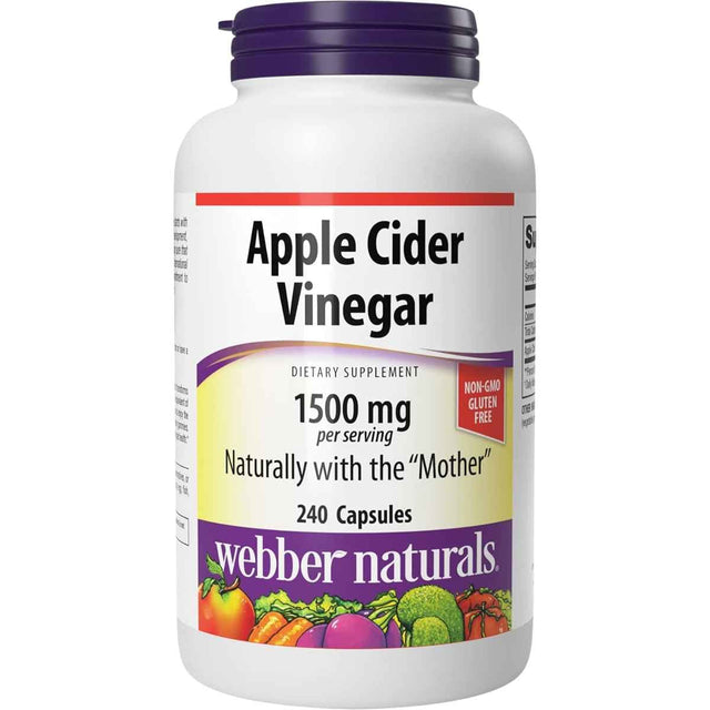 Frasco de suplemento Webber Naturals Vinagre de Sidra de Manzana 1500 mg 240 cápsulas