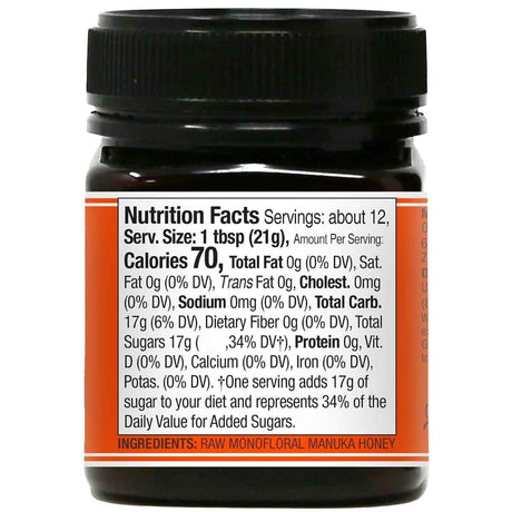 Tabla nutricional del suplemento Wedderspoon Miel de Manuka Monofloral KFactor 16 250 g