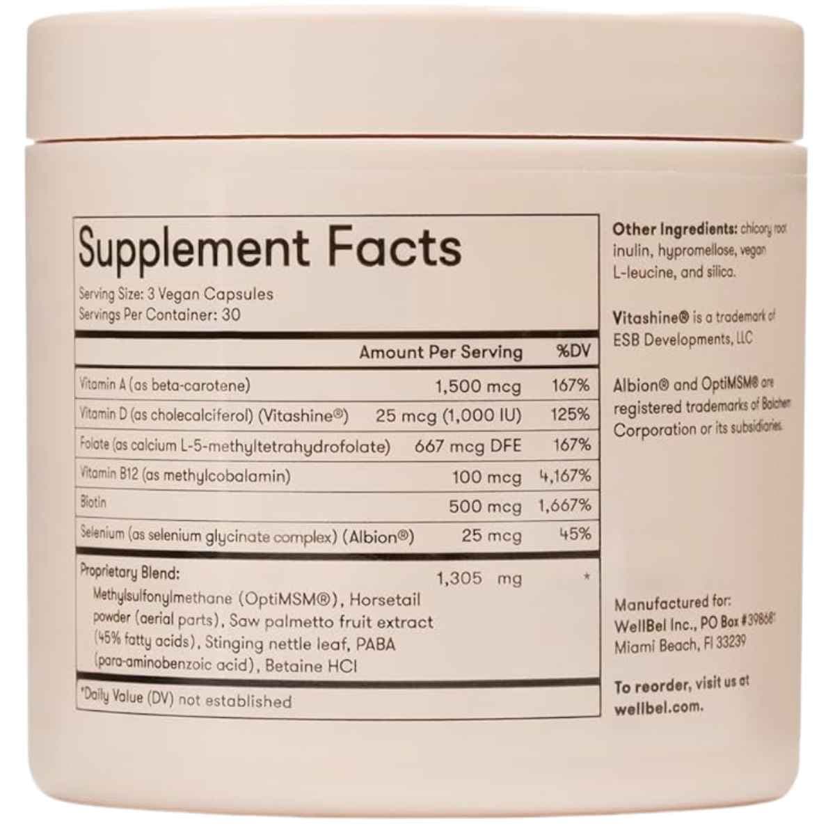 Tabla nutricional del suplemento Wellbel Biotina 500 mcg 90 cápsulas