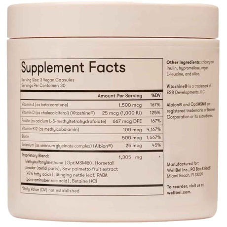 Tabla nutricional del suplemento Wellbel Biotina 500 mcg 90 cápsulas