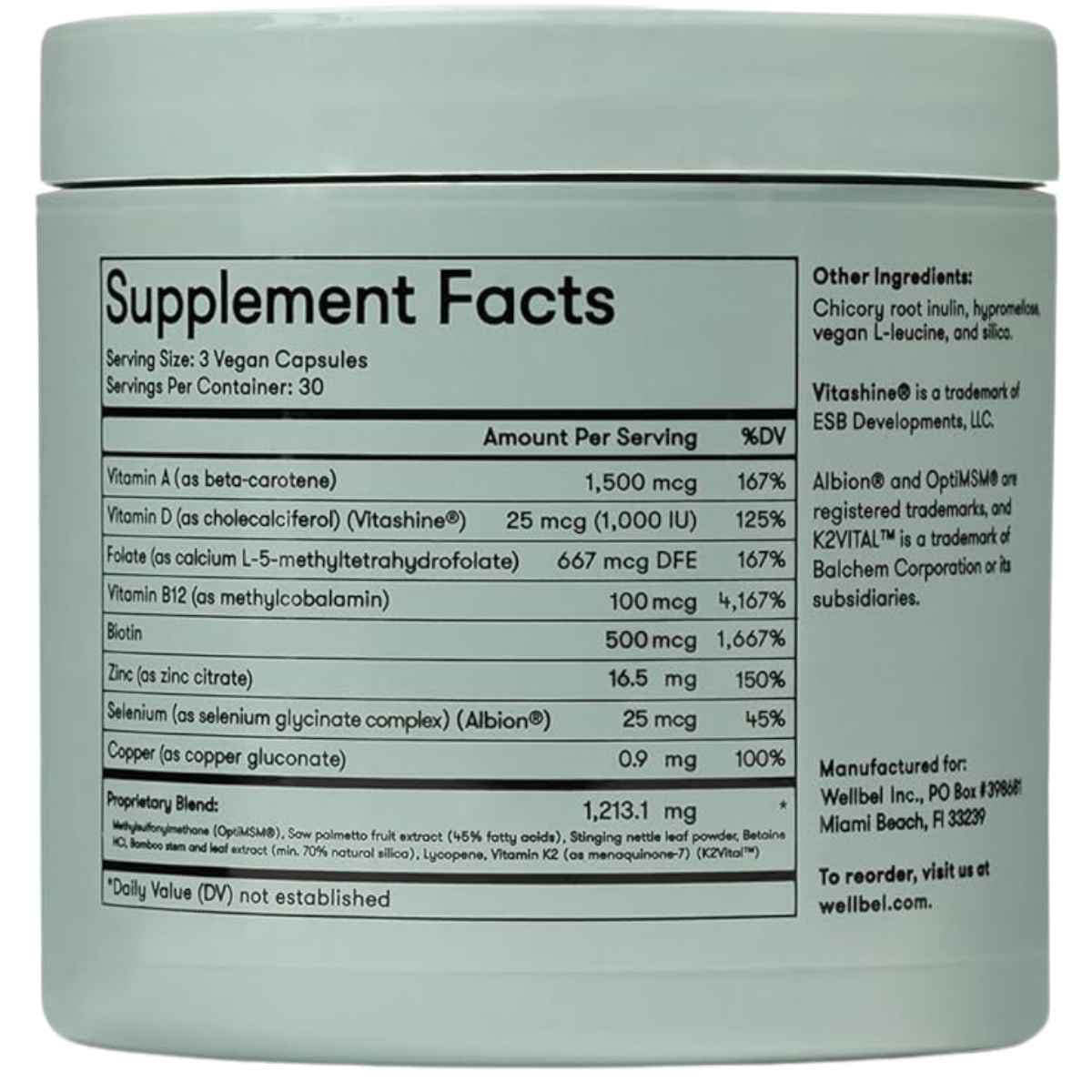 Tabla nutricional del suplemento Wellbel Mujer+ con Biotina 500 mcg 90 cápsulas