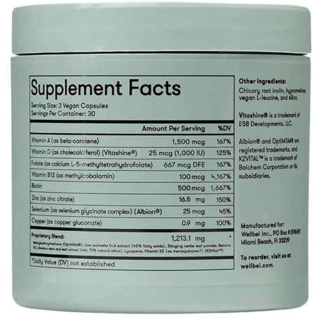 Tabla nutricional del suplemento Wellbel Mujer+ con Biotina 500 mcg 90 cápsulas
