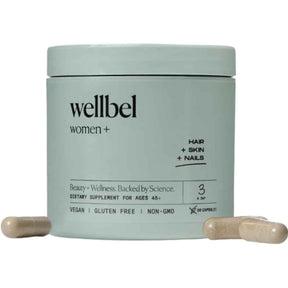 Frasco de suplemento Wellbel Mujer+ con Biotina 500 mcg 90 cápsulas
