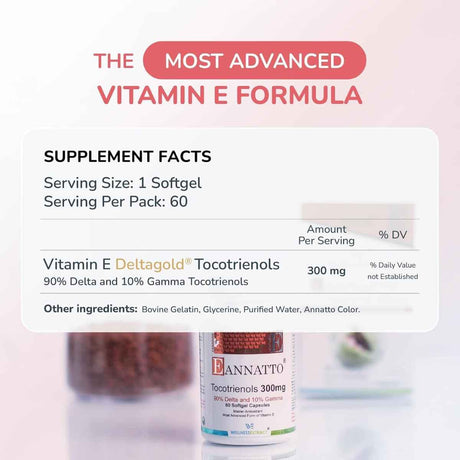 Tabla nutricional del suplemento Wellness Extract Eannatto Tocotrienoles Vitamina E 60 cápsulas blandas