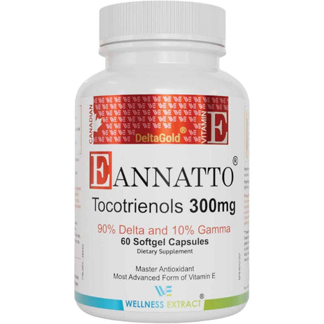 Frasco de suplemento Wellness Extract Eannatto Tocotrienoles Vitamina E 60 cápsulas blandas