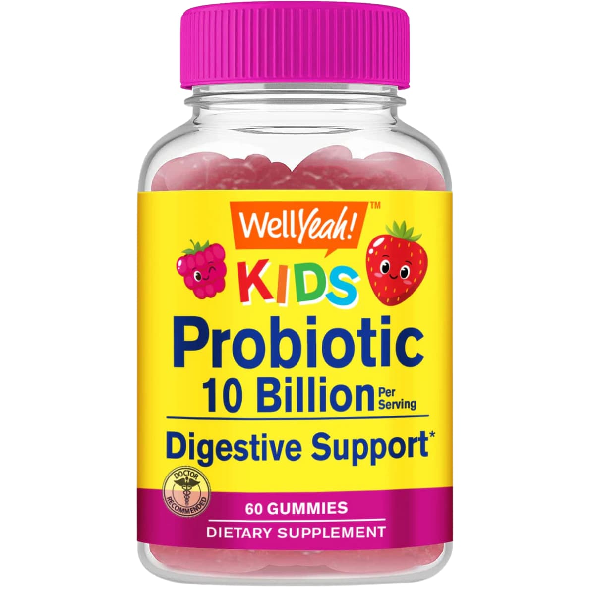 Frasco de suplemento WellYeah Probióticos para Niños Sabor Bayas 10.000 Millones CFU 60 gomitas