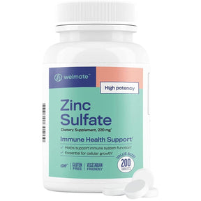 Frasco de suplemento Welmate Sulfato de Zinc 220 mg 200 tabletas