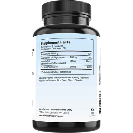 Tabla nutricional del suplemento Wholesome Story Glicinato de Magnesio, B6 y Zinc 60 cápsulas