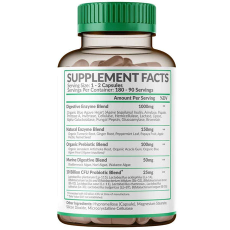 Tabla nutricional del suplemento Wholesome Wellness Enzimas Digestivas 180 cápsulas
