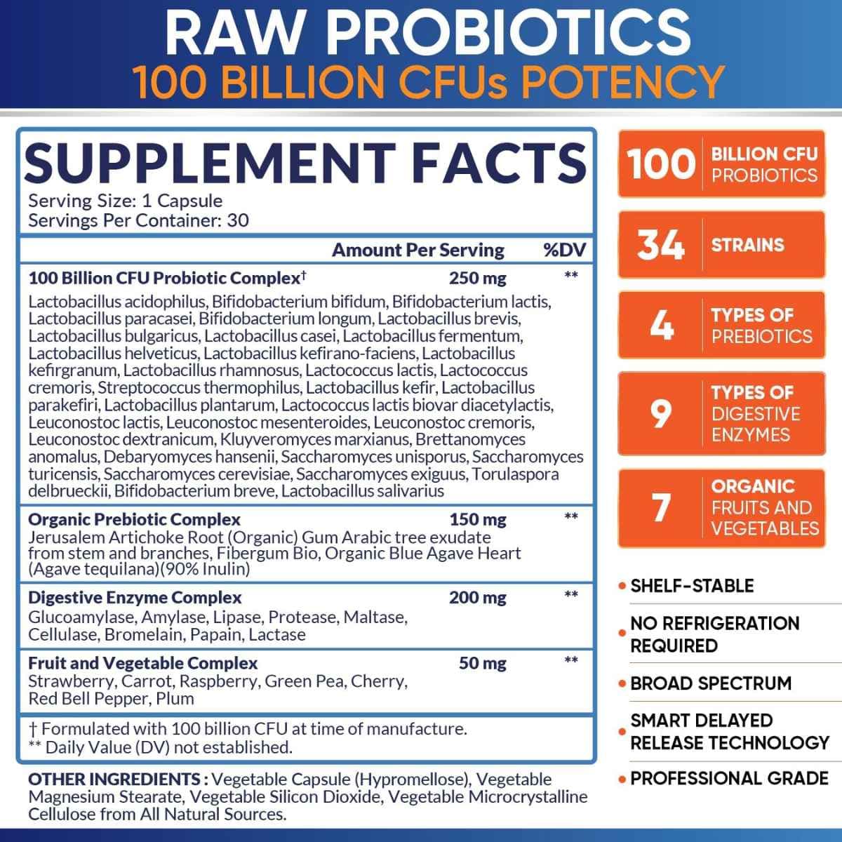 Tabla nutricional del suplemento Wholesome Wellness Probióticos Crudos 100 Billion CFU 30 cápsulas