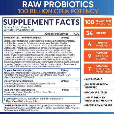 Tabla nutricional del suplemento Wholesome Wellness Probióticos Crudos 100 Billion CFU 30 cápsulas