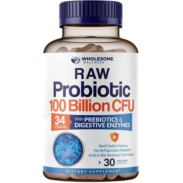 Frasco de suplemento Wholesome Wellness Probióticos Crudos 100 Billion CFU 30 cápsulas