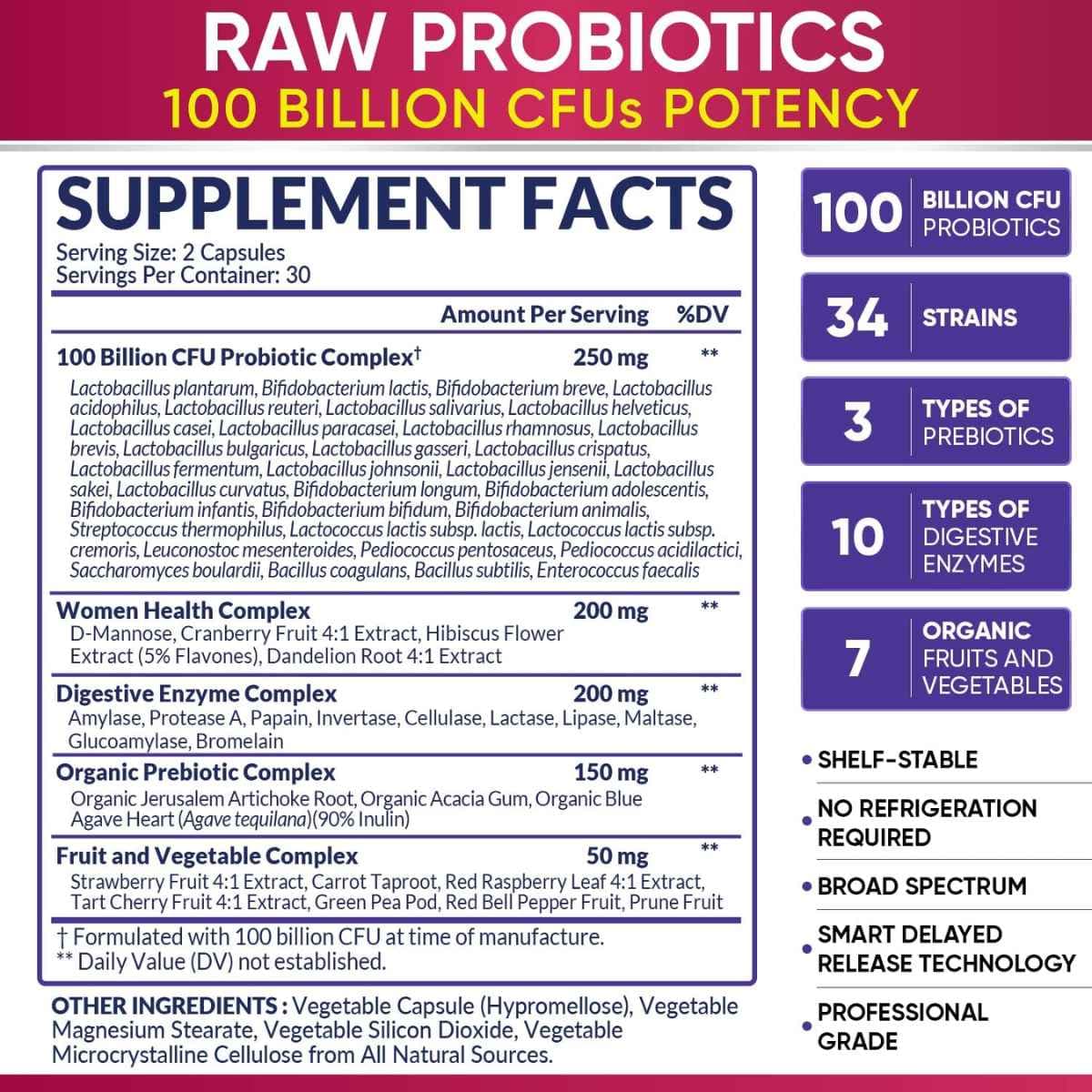 Tabla nutricional del suplemento Wholesome Wellness Probióticos para Mujer 100 Billion CFU 60 cápsulas
