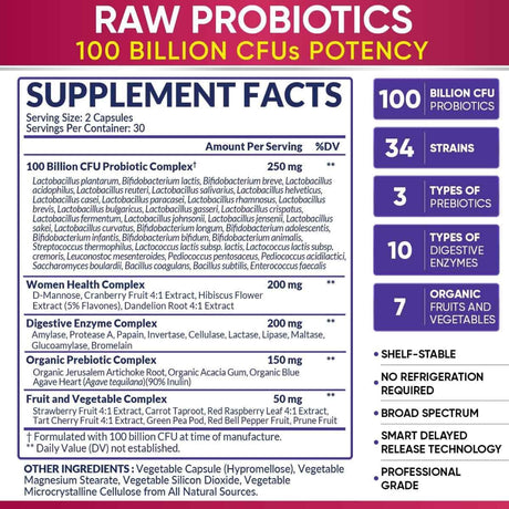 Tabla nutricional del suplemento Wholesome Wellness Probióticos para Mujer 100 Billion CFU 60 cápsulas
