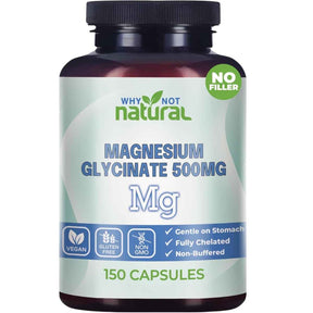 Frasco frontal de Why Not Natural glicinato de magnesio, presentación de 150 cápsulas