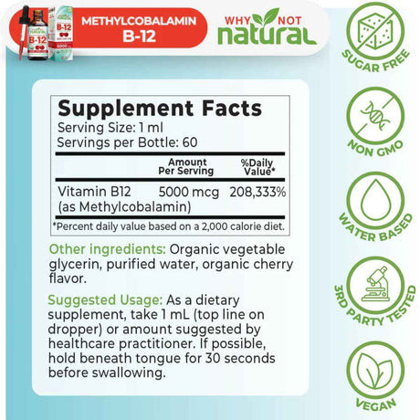 Tabla nutricional del suplemento Why Not Natural Vitamina B12 Metilcobalamina Cereza 5000 mcg 60 ml Líquido