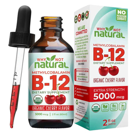 Frasco de suplemento Why Not Natural Vitamina B12 Metilcobalamina Cereza 5000 mcg 60 ml Líquido